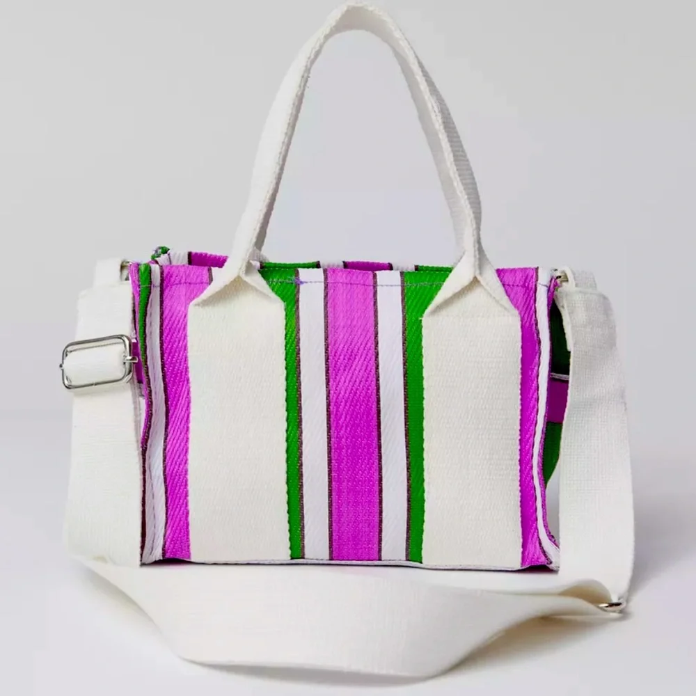 Striped Canvas Tote Bag in White, Pink & Green